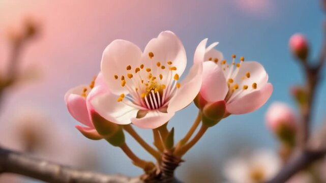 Pink Flower Buds Bloom Into Cherry Blossoms Time Lapse Against Blue Sky