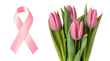 Pink tulips and breast cancer awareness ribbon on white background symbolizing hope and support