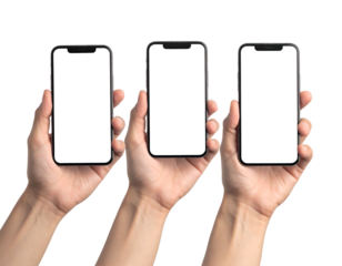 Three hands holding modern smartphones with blank screens