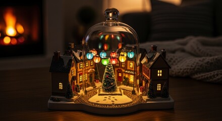 Illuminated miniature village scene rests under a glass dome near a cozy fire