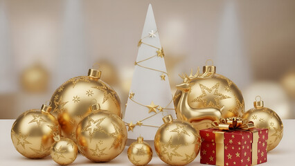 golden christmas balls, golden christmas balls with stars, Set of 3D Christmas decorations with golden bauble, white cone tree, reindeer, gift box with ribbon and stars. Elegant festive elements for w