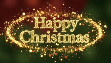 Golden Glowing 'Happy Christmas' Text with Glittering Particle Swirl on Festive Background