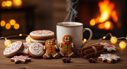 Steaming mug of hot beverage rests beside decorated holiday biscuits near a warm hearth