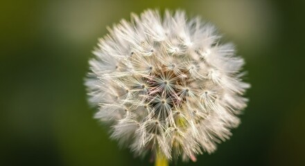 Fototapeta premium Fluffy white seed head of a mature plant glows softly against a dark green backdrop