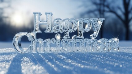 3D Render of Sparkling Ice 'Happy Christmas' Text on Snowy Winter Background