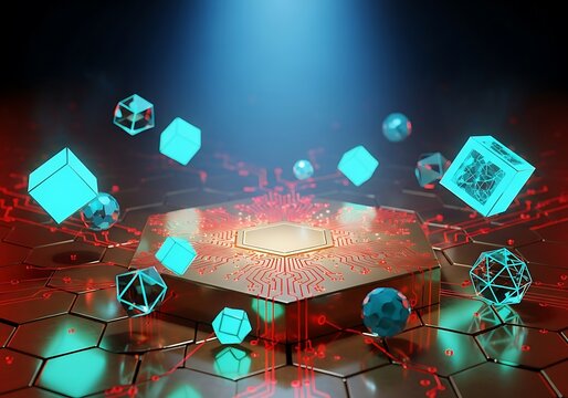 Advanced computing concept featuring futuristic geometric forms and circuits