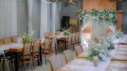 dining table with flower decoration at a wedding event