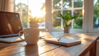 Morning Inspiration: A peaceful workspace bathed in the soft glow of natural light. A coffee cup, notebook, and laptop sit atop a wooden desk. A plant sits near window.