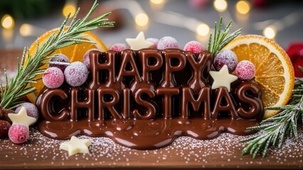 Festive Chocolate 'HAPPY CHRISTMAS' Message with Frosted Cranberries, Orange Slices, Rosemary, White Stars, and Bokeh Lights