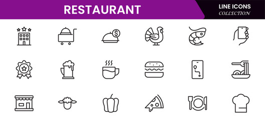Restaurant line icons set. Restaurant, menu, cooking, drink, chef, table, cafeteria, wine, dish, and eating. Vector illustration