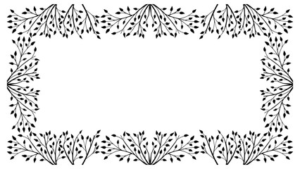 Spring background, frame of floral tree branch, leaf, plants. Elegant, stylish elements for Decoration. Hand drawing doodles of vintage botanical elements. Space for text