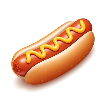 Ilustrasi vektor hot dog makanan cepat saji dengan sosis daging sapi panggang, mustard, dan saus tomat terisolasi di atas roti untuk makan siang atau camilan