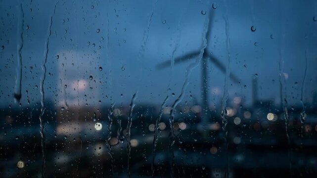Moody Raindrops On Window With Blurred Industrial City Night Bokeh
