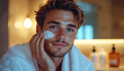 Skincare Routine: A man applies a nourishing face cream to his skin, showcasing a focus on skincare and self-care.