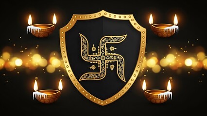 Golden Swastika Symbol on Shield Surrounded by Diya Lamps and Bokeh Lights auspicious Hinduism