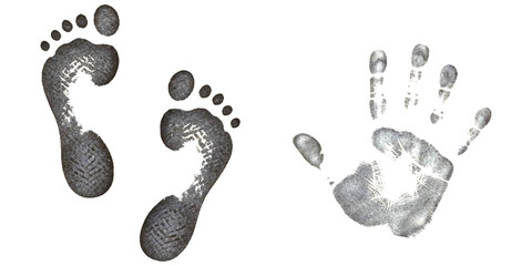 Human hand and footprints, dark grey marks, isolated on white isolated on white background