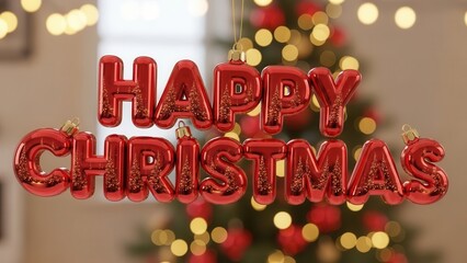 Red Metallic Balloon Letters 'HAPPY CHRISTMAS' with Blurry Christmas Tree and Bokeh Lights Background