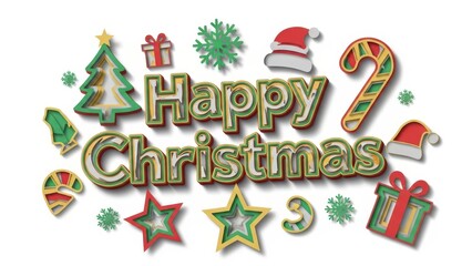 Happy Christmas 3D Text with Festive Holiday Ornaments Isolated on White Background