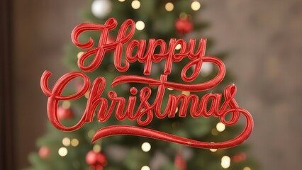 Happy Christmas Red 3D Script Text with Blurred Christmas Tree and Bokeh Lights