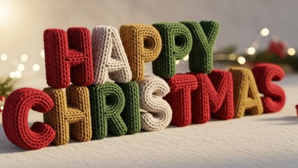Colorful Knitted Letters Spelling 'Happy Christmas' with Festive Bokeh Lights