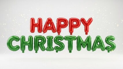 Red and Green Happy Christmas Balloon Letters with Snowflakes on White Background 3D Render