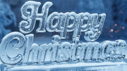 Happy Christmas" Ice Text Sculpture on a Frosty Winter Background