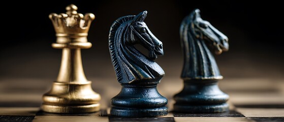 Golden king metallic knight bishop chess pieces strategic board game elements