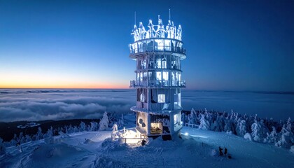 Tower illuminated against a dusk sky, snow-covered landscape below the clouds