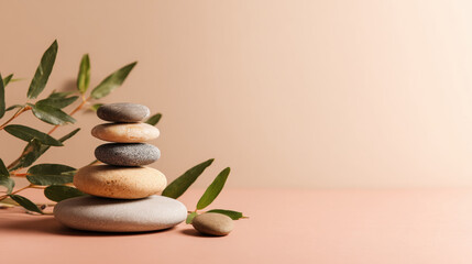 Smooth balanced spa stones stacked with green leaves on peach background expressing calm and serenity