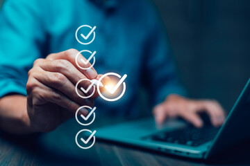 checklist and clipboard task documentation management, business people working laptop checklist...