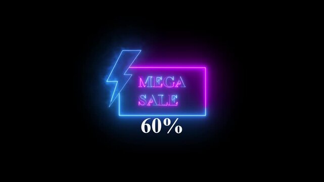Neon lightning bolt and rectangle frame with text Mega Sale and 60 percent discount on black background