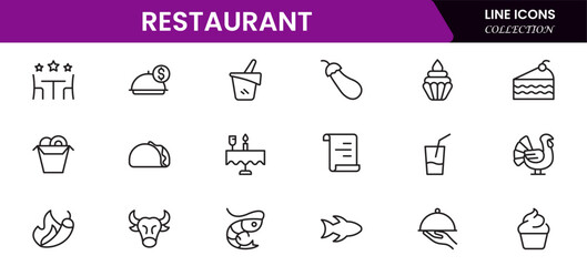 Restaurant line icons set. Restaurant, menu, cooking, drink, chef, table, cafeteria, wine, dish, and eating. Vector illustration