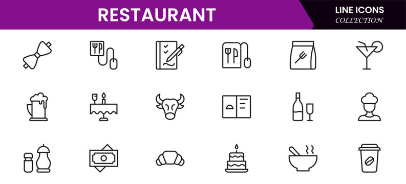 Restaurant line icons set. Restaurant, menu, cooking, drink, chef, table, cafeteria, wine, dish, and eating. Vector illustration
