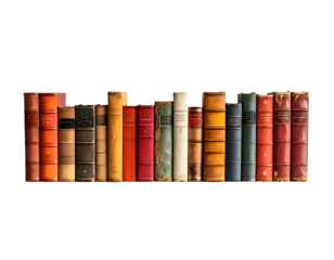 A row of vintage hardbound books with varied spines on a black background