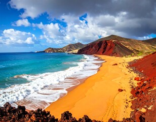 Sunny beach scene with red cliffs, turquoise water, and blue sky