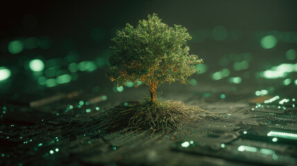 Tree growing from digital circuit board, technology and nature fusion.