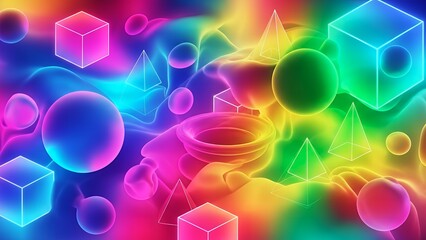 Vibrant Abstract Background with Glowing Geometric Shapes, Neon Outlines, and Fluid Rainbow Gradient