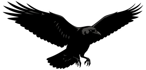 Black Raven Bird Silhouette Flying with Wings Spread Wide Vector Graphic