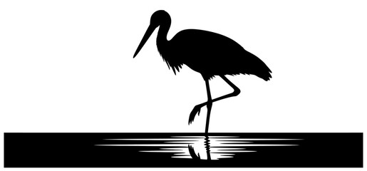 Elegant Black Silhouette of a Stork Standing in Water with Reflection Clean Vector Graphic