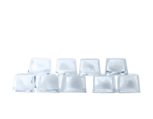 Clear ice cubes stacked in an arrangement on a black background