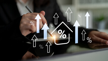 A modern representation of increasing home value through upward arrows and percentage symbols on a digital interface, showcasing financial growth and investment strategies. Gantry