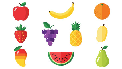 Vibrant Collection of Fresh Fruits Apple, Banana, Strawberry, Grapes, Mango, Pineapple, Watermelon, Orange, and Pear Illustrated