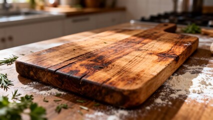 Rustic wooden cutting board with herbs on a kitchen counter