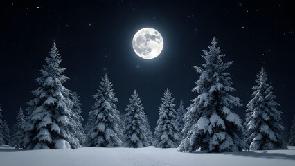 Winter Night Forest with Snow and Moonlit Silhouettes Under Starry Sky