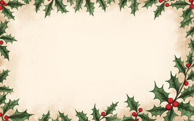 Festive Holly Frame Christmas Background with Decorative Berries and Leaves for Seasonal Greetings