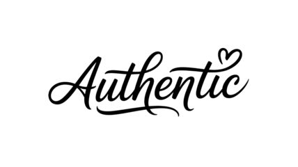 Elegant calligraphy text authentic with heart on white background