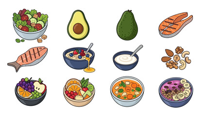 Healthy Food Icons Set Fresh Fruits, Vegetables, Grains, Fish, and Dairy for a Balanced Diet