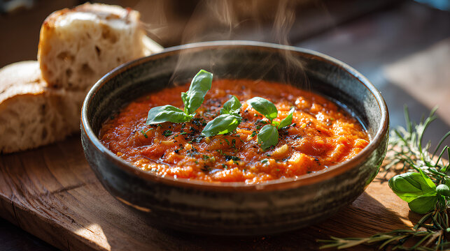 Pappa al Pomodoro Tuscan tomato and bread soup in ceramic bowl with fresh basil and olive oil served on rustic wooden farmhouse table
