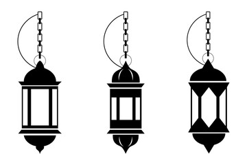 Three ornate lanterns in black silhouette, hanging from chains, offering a sense of history and cultural charm