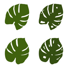 Four stylized images of lush green Monstera leaves, evoking a sense of tropical serenity